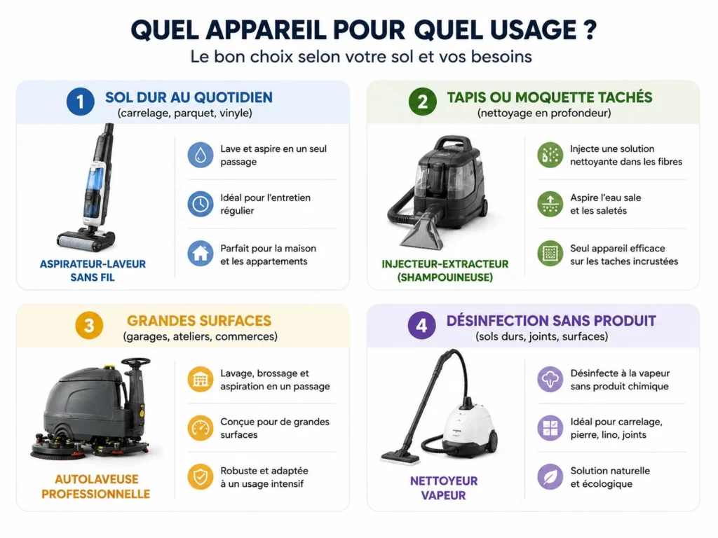 Matrice de choix indiquant quel appareil utiliser pour un sol dur, un tapis, une grande surface ou une désinfection sans produit.