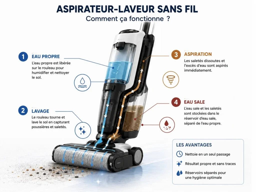 Schéma montrant le fonctionnement d’un aspirateur-laveur sans fil avec réservoir d’eau propre, rouleau humide et réservoir d’eau sale.