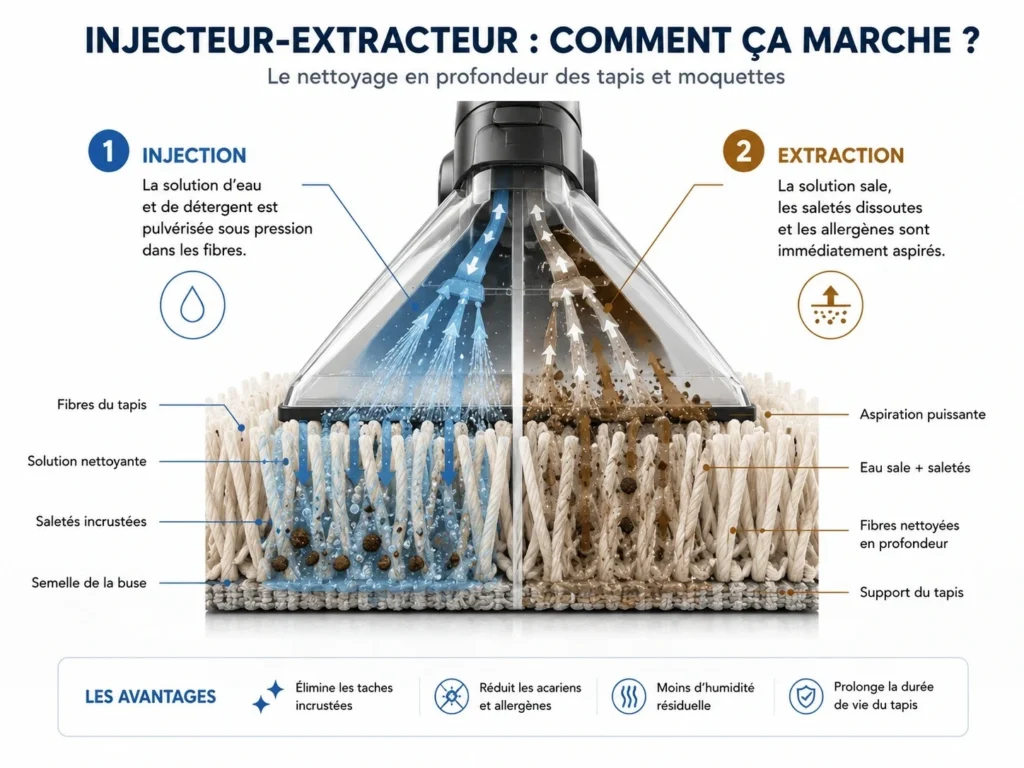 Schéma montrant comment un injecteur-extracteur pulvérise une solution dans les fibres d’un tapis puis aspire l’eau sale.