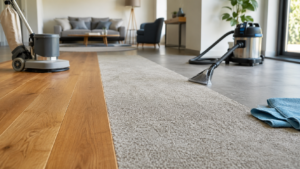 Matériel d’entretien professionnel disposé près d’un parquet, d’une moquette et d’un sol dur.