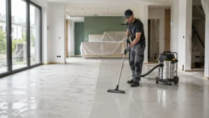 Agent professionnel terminant le nettoyage du carrelage dans un appartement rénové à Nantes.