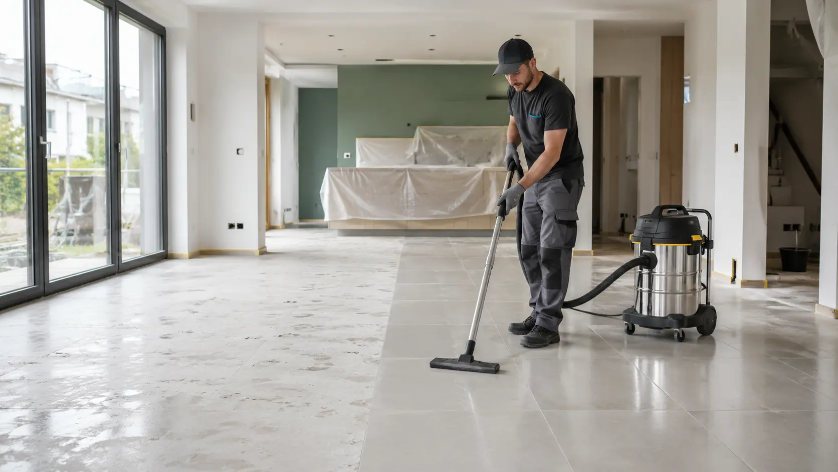 Agent professionnel terminant le nettoyage du carrelage dans un appartement rénové à Nantes.