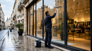 Professionnel nettoyant la vitrine d’un commerce à Nantes avant son ouverture.