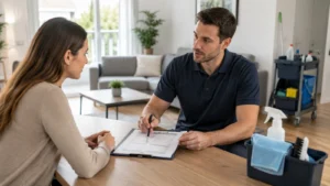 Professionnel du nettoyage échangeant avec un particulier autour d’un devis dans un logement propre.