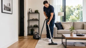 Homme de ménage professionnel passant l’aspirateur dans le salon d’un logement.
