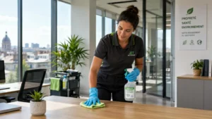 Agent réalisant un nettoyage écologique dans un bureau lumineux à Nantes avec une lavette microfibre.