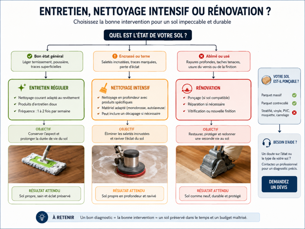 Arbre de décision permettant de choisir entre entretien courant, nettoyage intensif et rénovation d’un sol.