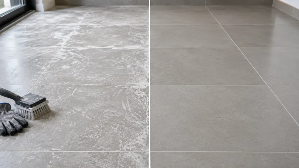 Comparaison d’un carrelage couvert d’un voile de ciment avant et après son nettoyage.