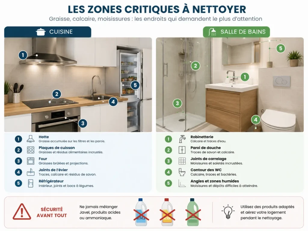 Schéma des principales zones à dégraisser dans une cuisine et à détartrer dans une salle de bains.