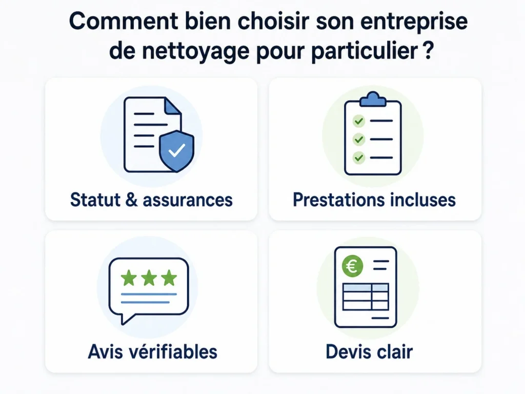 Quatre critères pour choisir une entreprise de nettoyage : assurances, prestations, avis clients et devis clair.