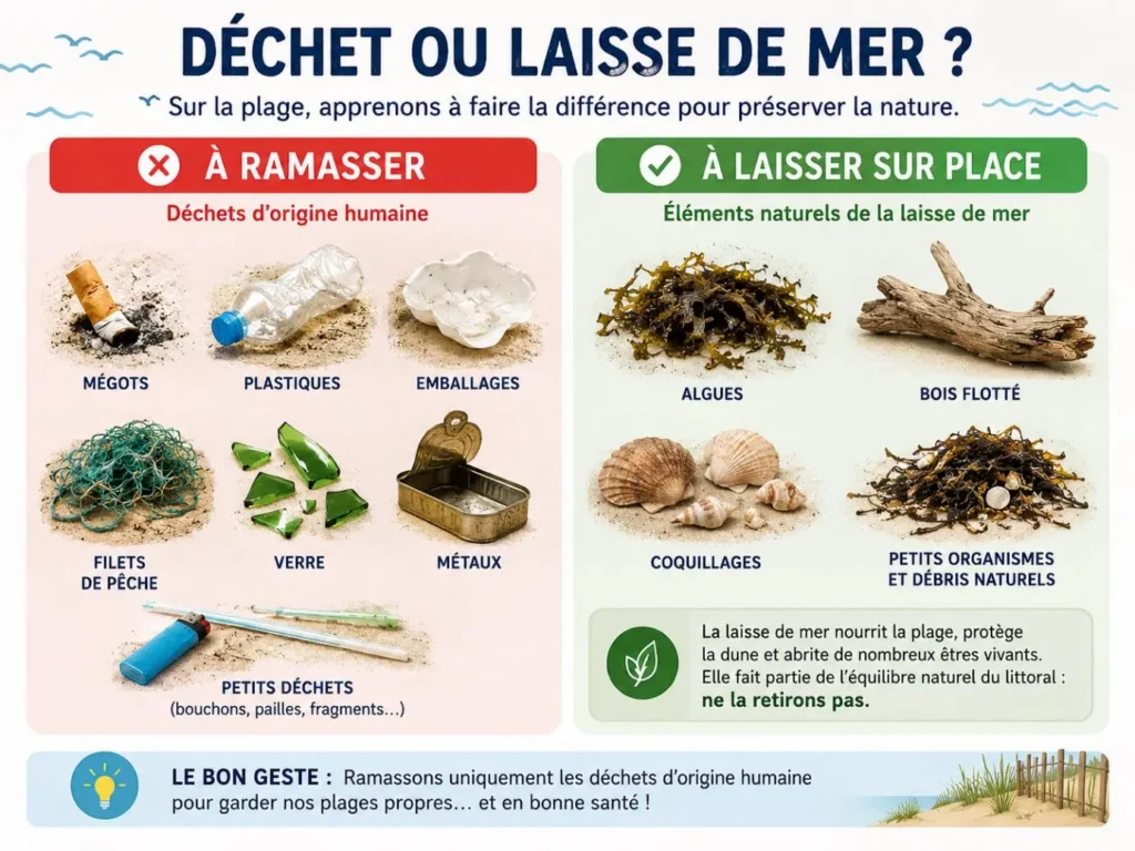 Comparatif entre les déchets à ramasser sur une plage et les éléments naturels de la laisse de mer à préserver.