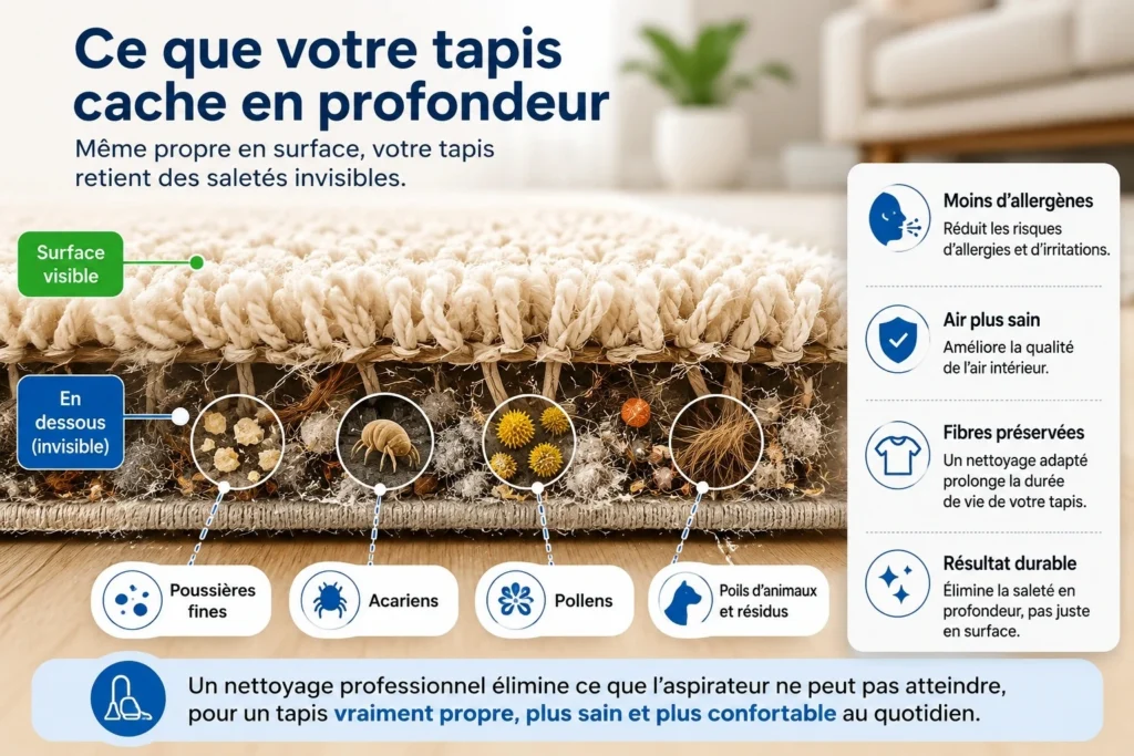 Schéma montrant les poussières, acariens et résidus qui s’accumulent en profondeur dans les fibres d’un tapis.