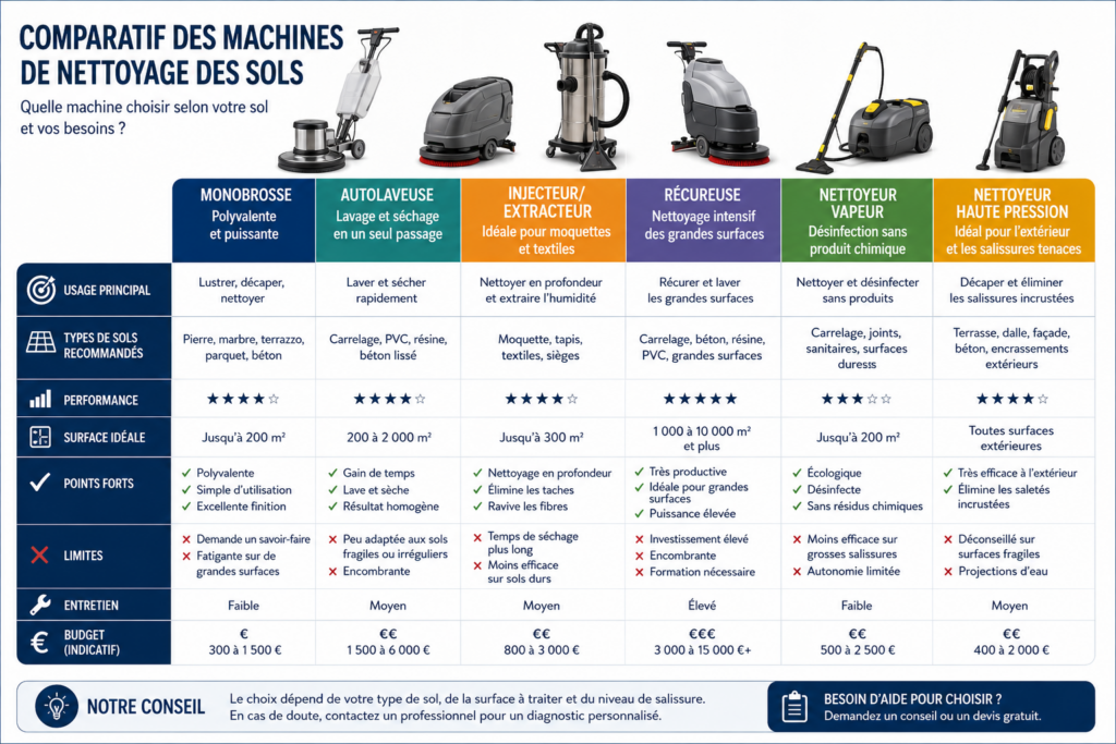 Comparatif des usages d’une autolaveuse, d’une monobrosse, d’un injecteur-extracteur et d’une shampouineuse compacte.
