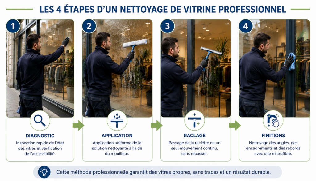 Quatre étapes d’un nettoyage de vitrine : diagnostic, mouillage, passage de la raclette et finitions.