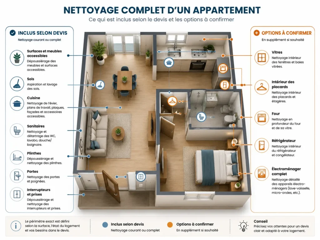 Plan d’un appartement montrant les tâches de nettoyage courantes et les options à confirmer dans le devis.