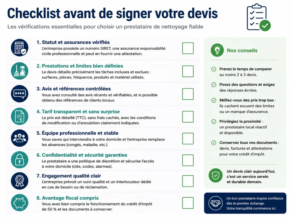 Checklist des vérifications à effectuer avant de signer avec une entreprise de nettoyage pour particulier.