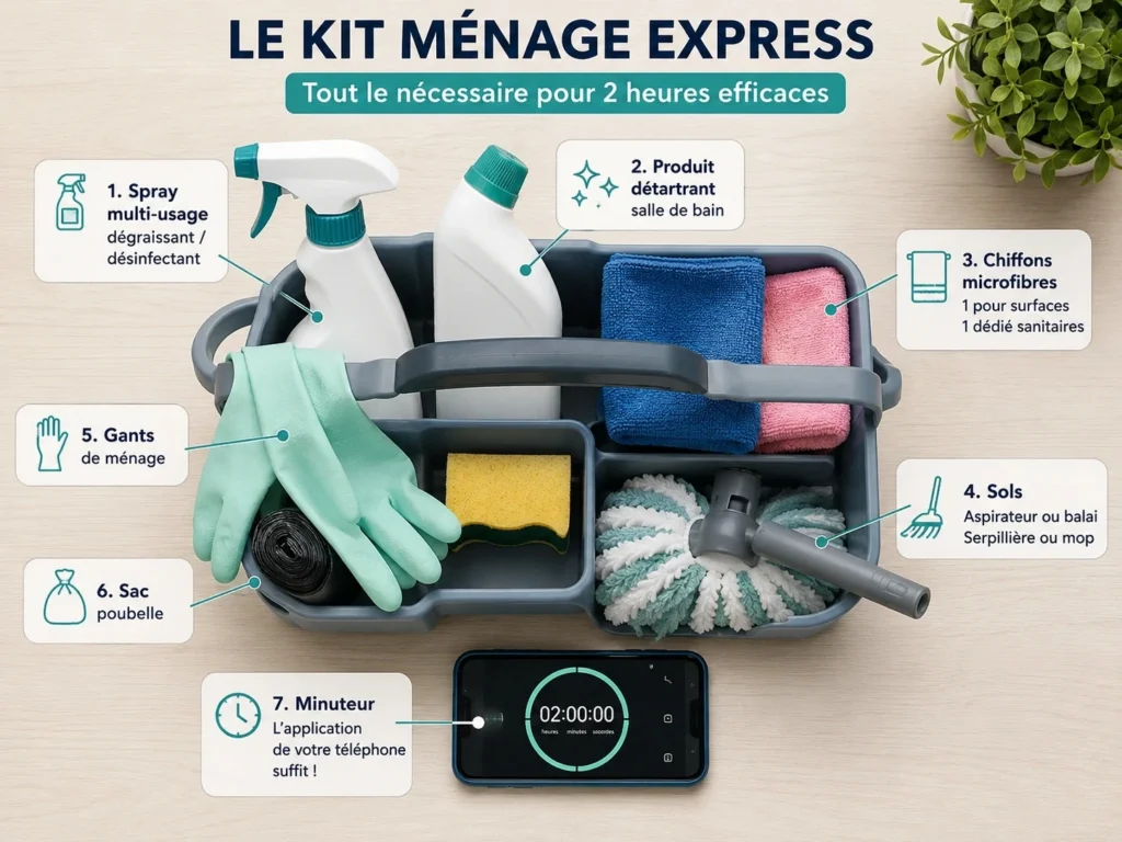 Kit de ménage express avec deux chiffons microfibres, produits, gants, serpillière et minuteur.