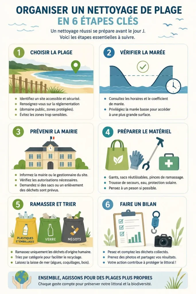 Infographie présentant les 6 étapes pour organiser un nettoyage de plage : choisir le site, vérifier la marée, prévenir la mairie, préparer le matériel, trier et faire le bilan.