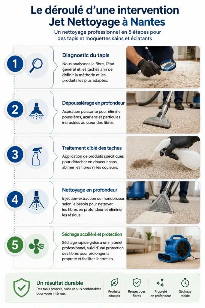 Les cinq étapes d’une intervention professionnelle de nettoyage de tapis à Nantes.