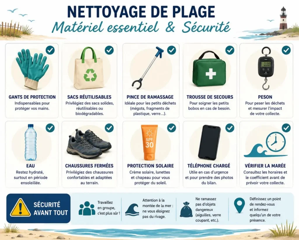 Checklist du matériel nécessaire pour organiser un nettoyage de plage : gants, sacs, pinces, trousse de secours, peson et vérification de la marée.