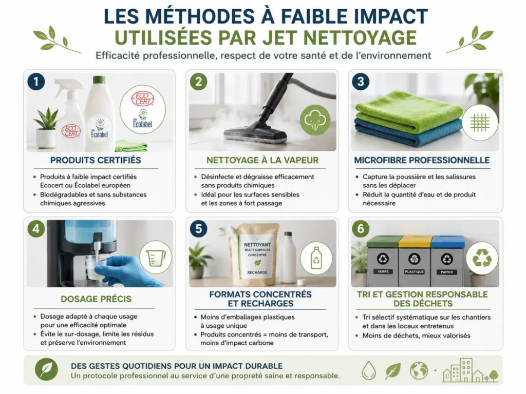 Infographie montrant les méthodes de nettoyage écologique professionnel : vapeur, microfibre, dosage précis, produits certifiés, recharges et tri des déchets.