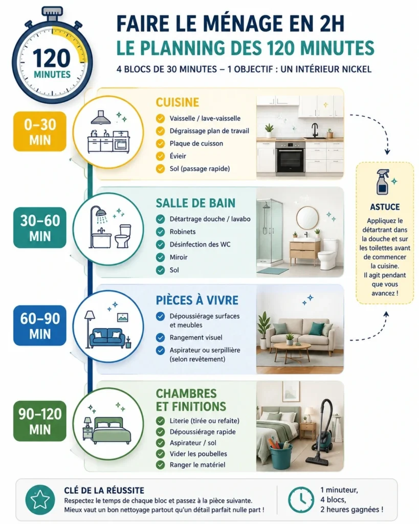 Planning de ménage en deux heures réparti entre cuisine, salle de bain, pièces à vivre et chambres.