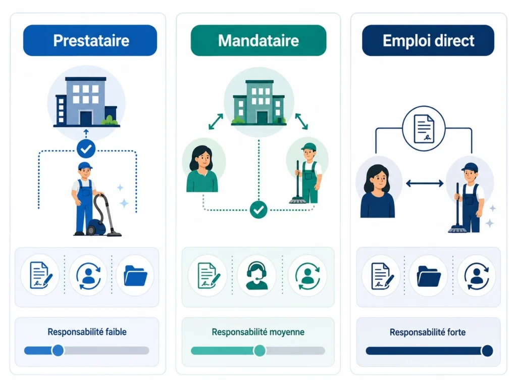 Schéma comparant entreprise prestataire, organisme mandataire et emploi direct pour le ménage à domicile.
