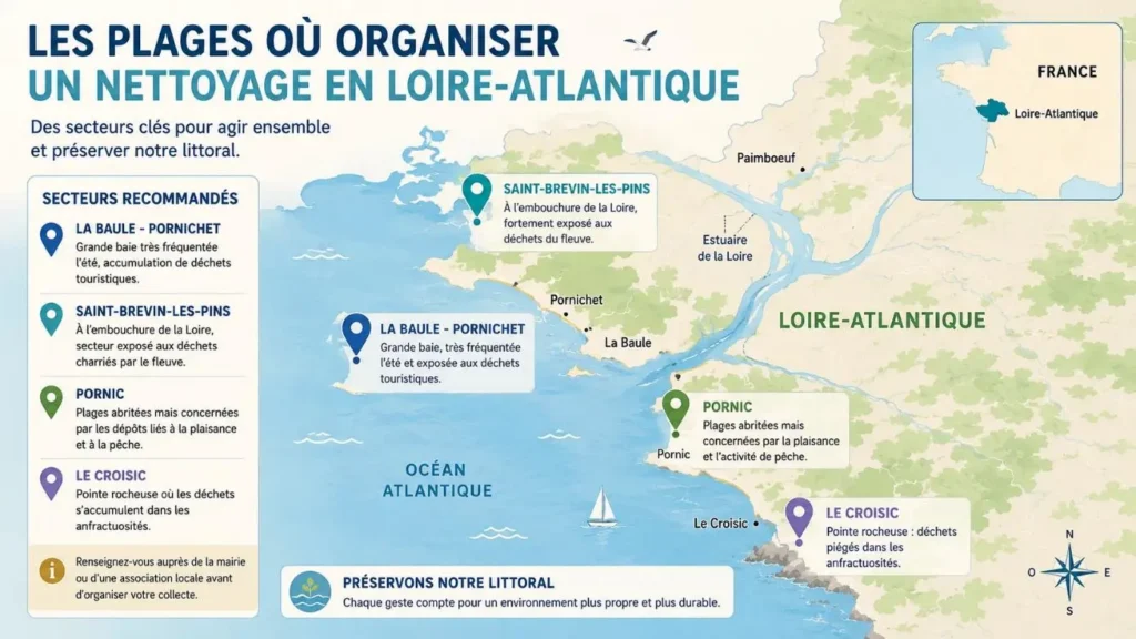 Carte simplifiée des plages de Loire-Atlantique où organiser un nettoyage, avec La Baule, Pornichet, Saint-Brevin-les-Pins, Pornic et Le Croisic.