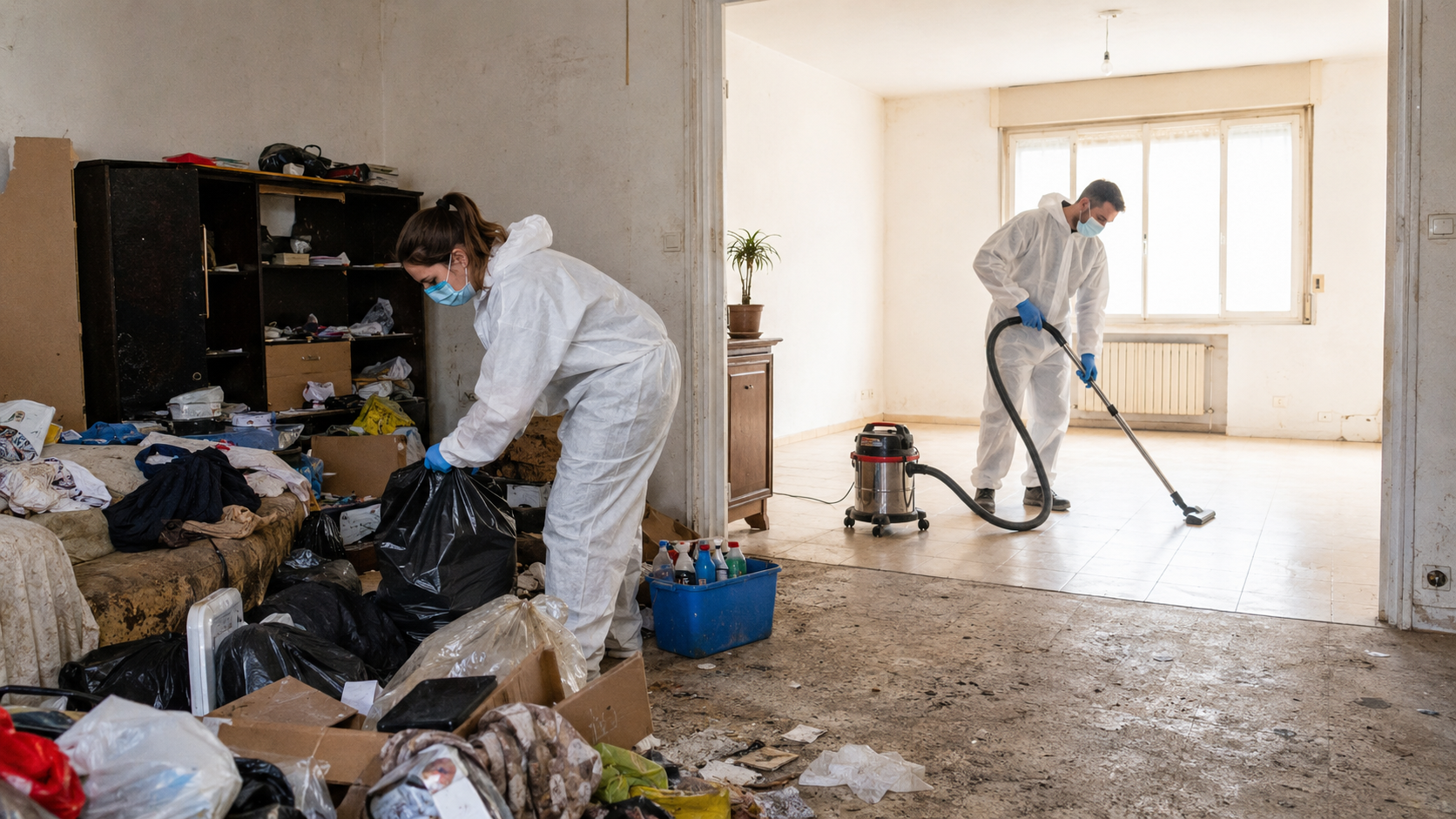 L'intervention de 2 agents professionnels du nettoyage dans une maison insalubre
