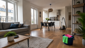 Processus de nettoyage en profondeur d´un salon d´appartement