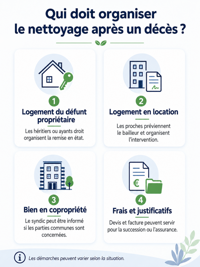 Explication des 4 cas possibles permettant de connaître qui organisera le nettoyage après le décès