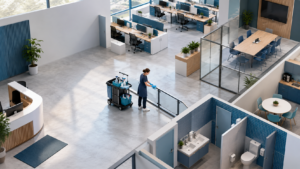 Une entreprise vide en cours de nettoyage par un agent d´entretien professionnel
